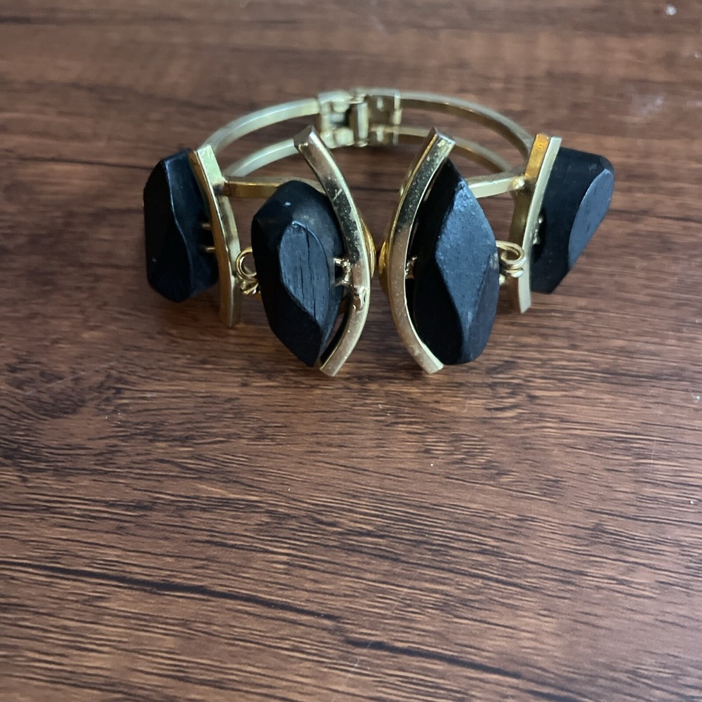 Vintage Gold‎ Tone Hinged Clamper Bracelet With Black Faux Wood Gems MCM